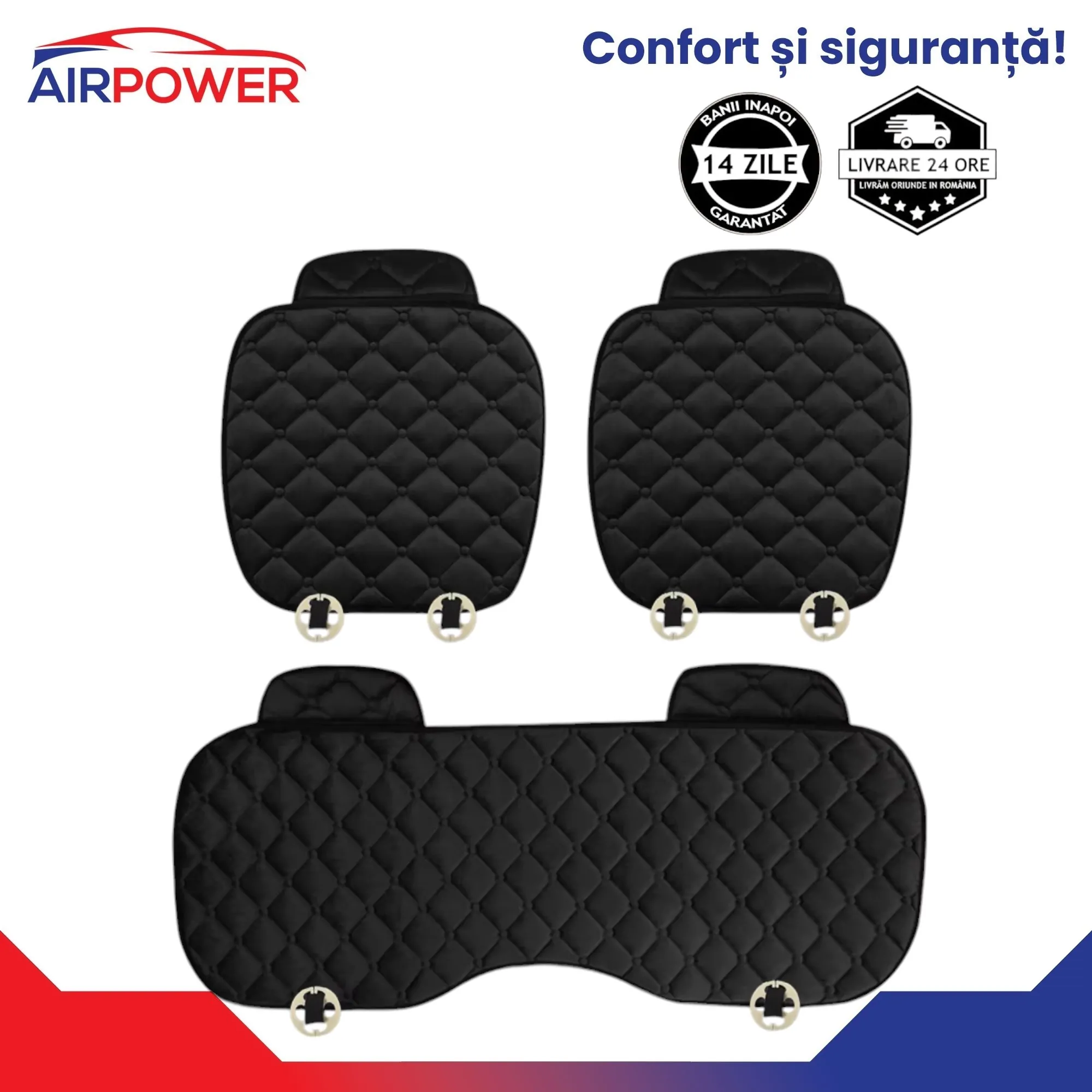 Huse auto de protecție universale NEGRU, anti-alunecare, set complet 3 piese - imagine 1