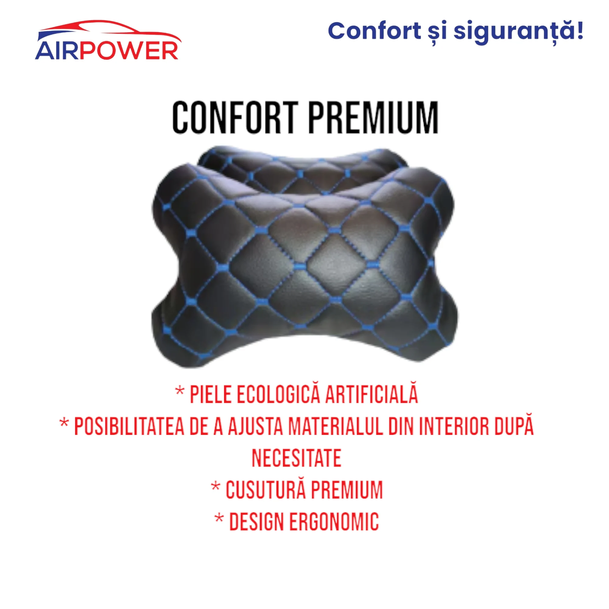 Set 2 Perne Tetiere Auto Premium din Piele Artificiala Ecologica, Negru Cusatura Albastra, Accesoriu, Memory Foam, Suport Gat, Ajustabile, Confortabile si Respirabile, Protectie Coloana Cervicala - imagine 4