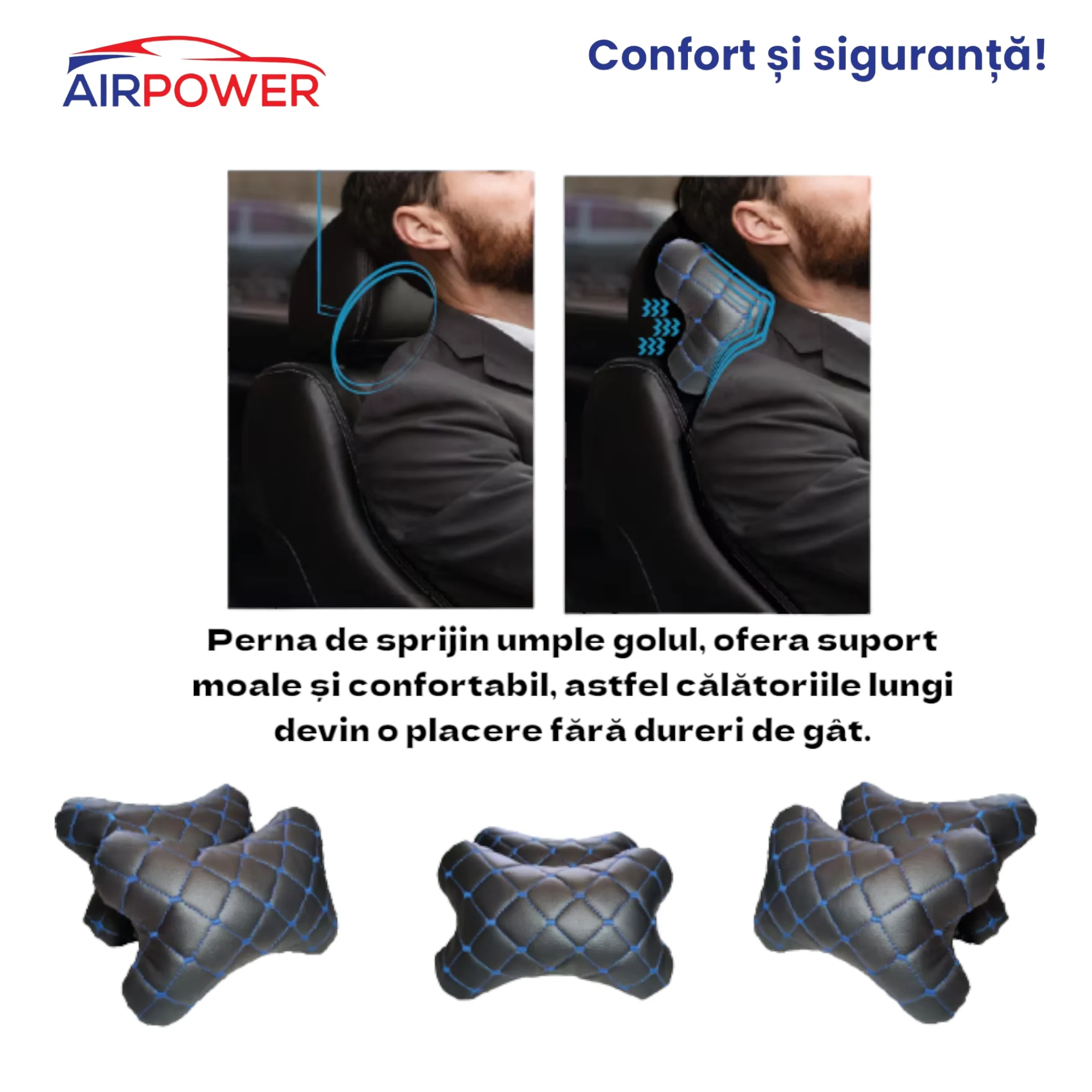 Set 2 Perne Tetiere Auto Premium din Piele Artificiala Ecologica, Negru Cusatura Albastra, Accesoriu, Memory Foam, Suport Gat, Ajustabile, Confortabile si Respirabile, Protectie Coloana Cervicala - imagine 3