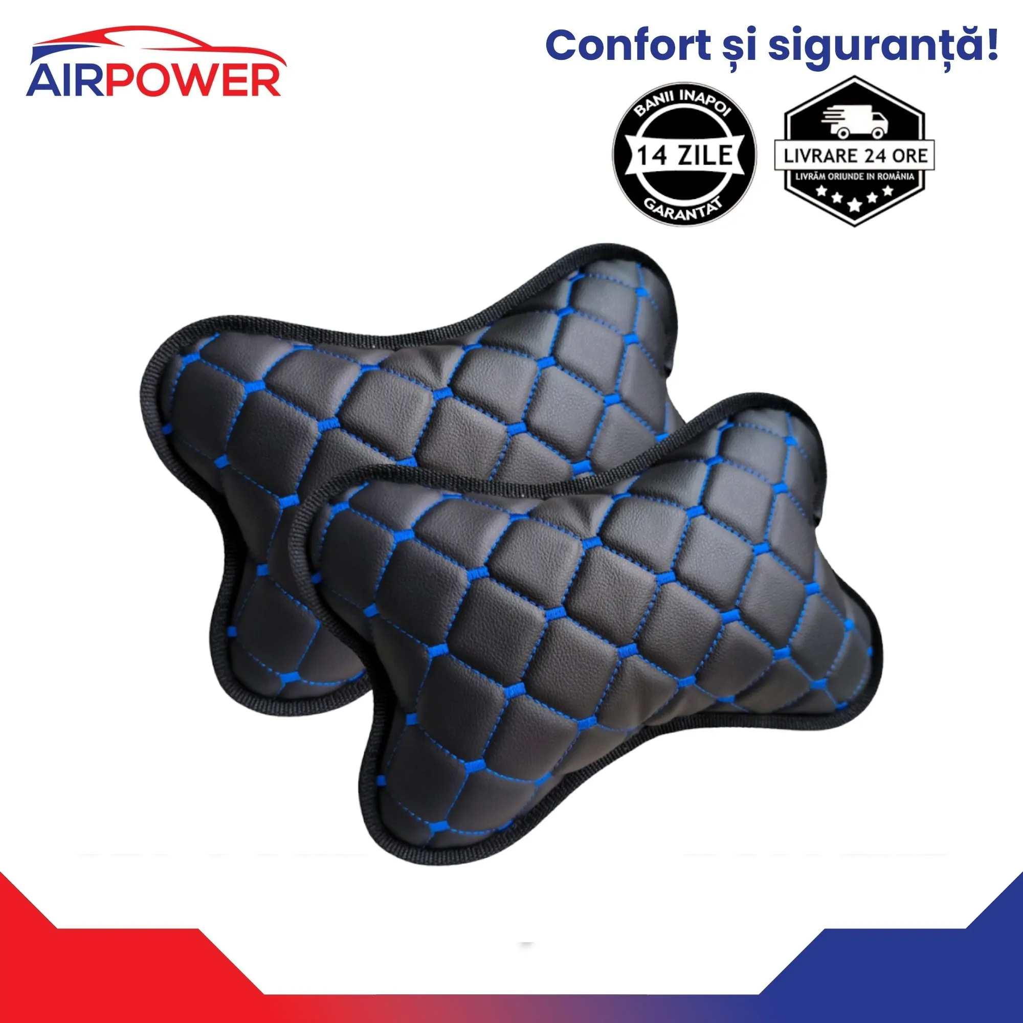 Set 2 Perne Tetiere Auto Premium din Piele Artificiala Ecologica, Negru Cusatura Albastra, Accesoriu, Memory Foam, Suport Gat, Ajustabile, Confortabile si Respirabile, Protectie Coloana Cervicala - imagine 1
