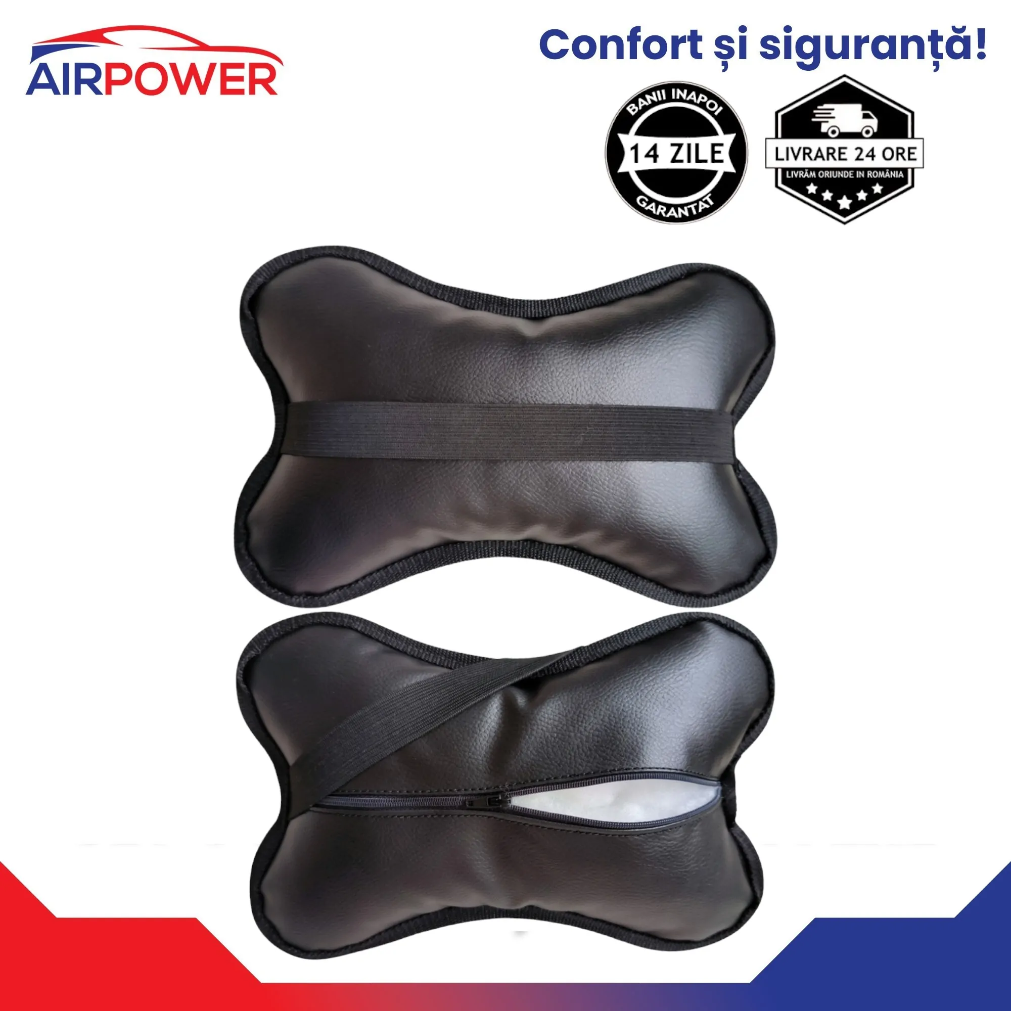 Set 2 Perne Tetiere Auto Premium din Piele Artificiala Ecologica, Negru Cusatura Albastra, Accesoriu, Memory Foam, Suport Gat, Ajustabile, Confortabile si Respirabile, Protectie Coloana Cervicala - imagine 2